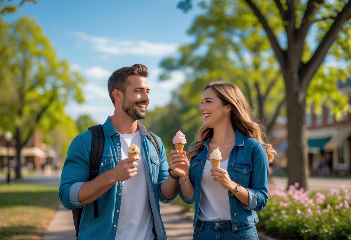 A couple enjoying a sunny day outdoors in a park with trees and flowers, walking hand-in-hand along a path.