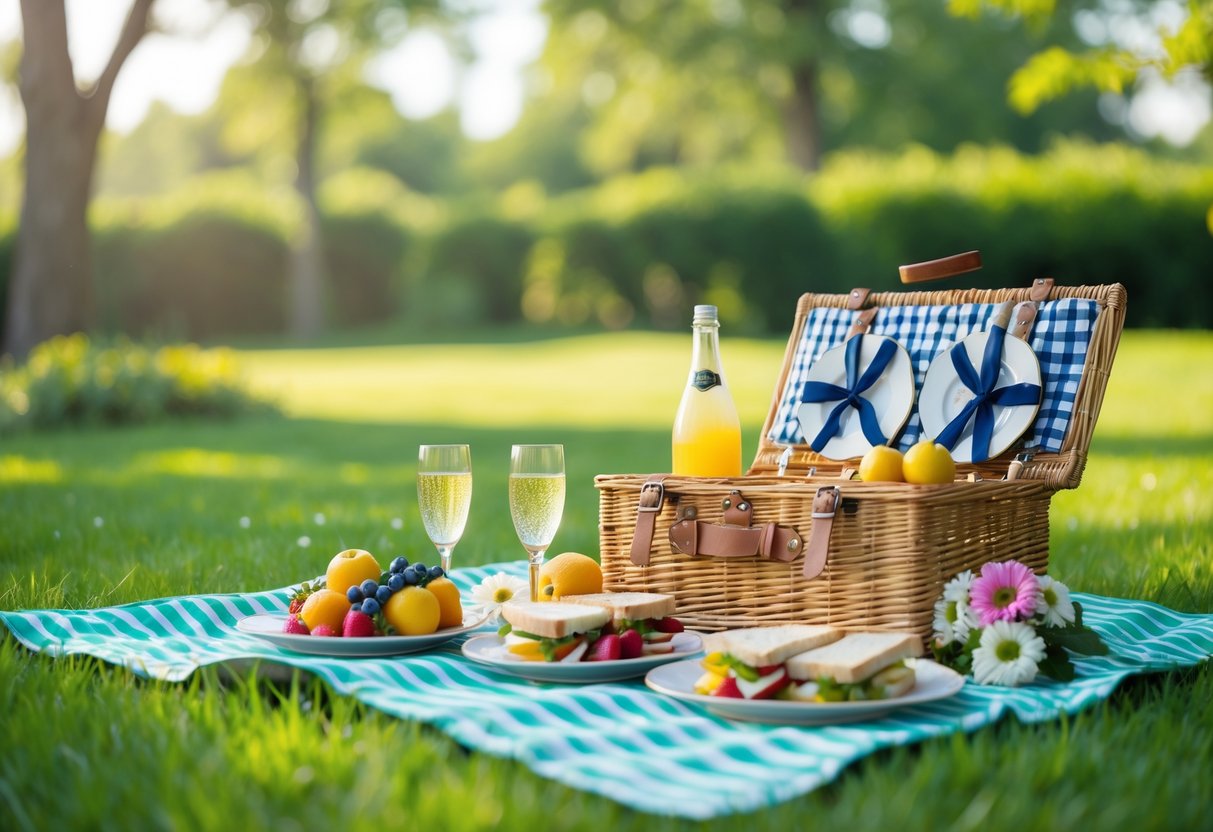A picnic blanket with food and flowers set up on grass in a green backyard or park on a sunny day.