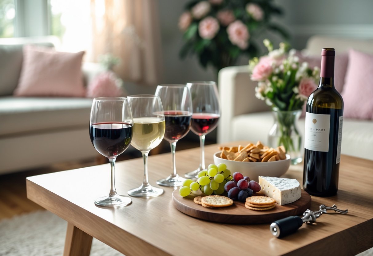 A cozy table set with wine glasses, a wine bottle, and a cheese and charcuterie board in a living room decorated for Mother's Day.