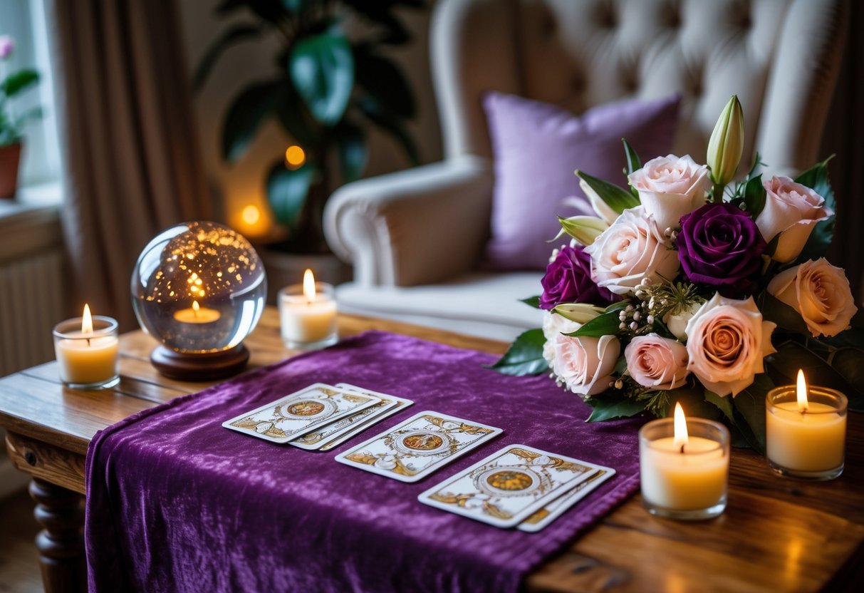 A cozy room with a table set for a tarot card reading, including tarot cards, candles, a crystal ball, and fresh flowers.