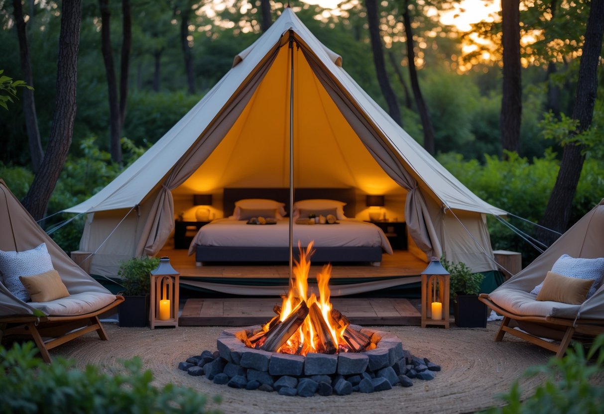 A cozy tent set up in a green forest clearing with a campfire burning in front, surrounded by comfortable seating.