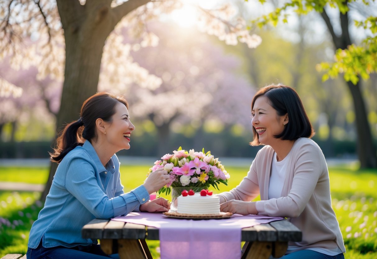 A mother and adult child enjoying a picnic together outdoors surrounded by blooming trees and flowers.
