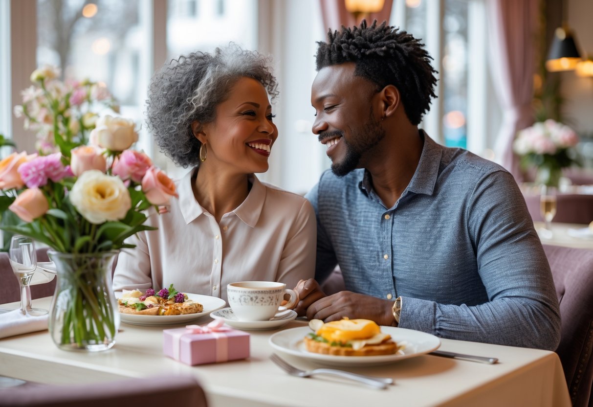 A mother and adult child sitting at a cafe table, smiling and enjoying a special time together with flowers and gifts on the table.