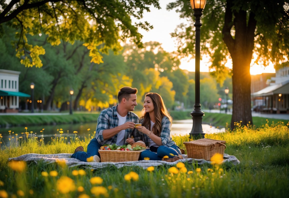 A young couple enjoying a picnic together in a green park near a river with trees and a small town street in the background.
