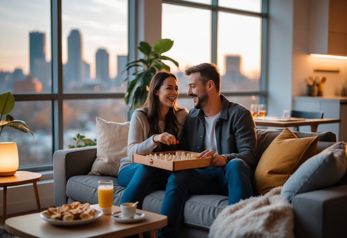 A couple playing a board game together on a sofa inside a modern apartment with a view of the Minneapolis skyline through large windows.