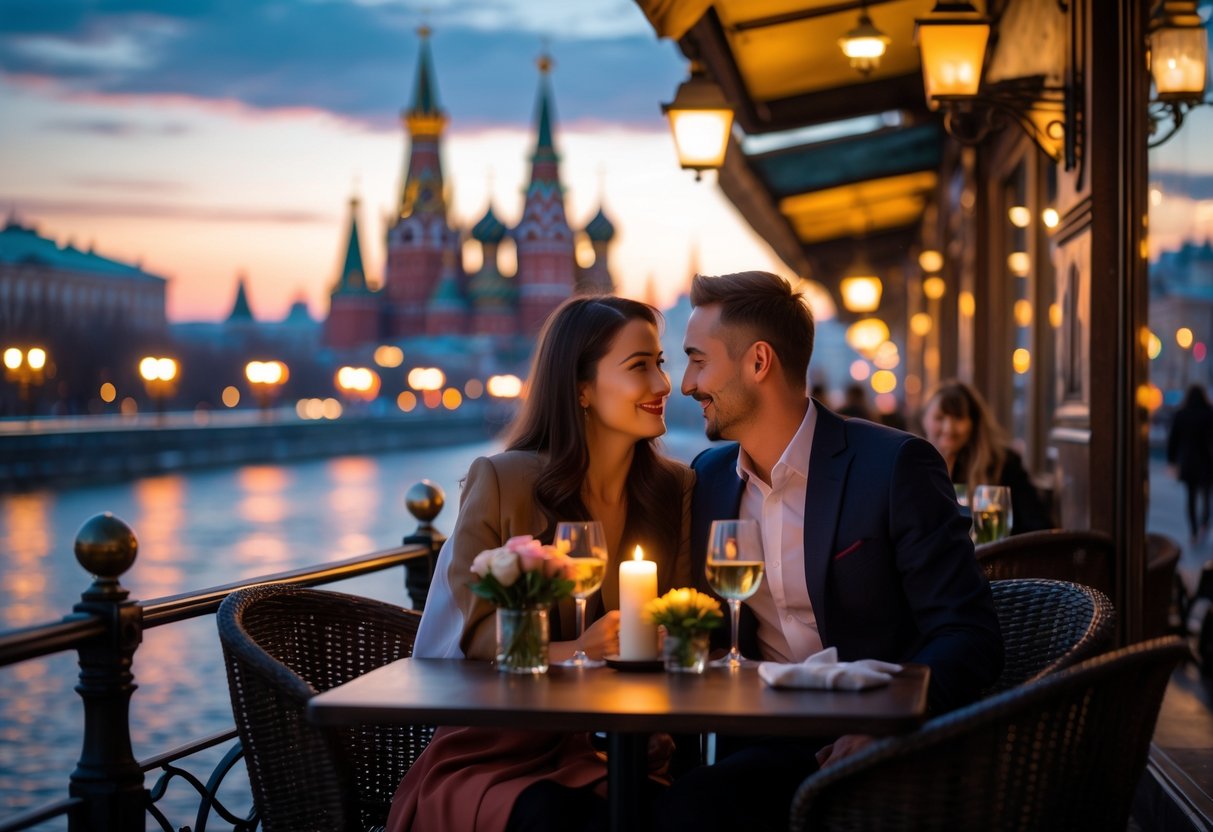 A couple sitting at an outdoor café near Moscow landmarks at dusk, sharing a romantic moment with candles and wine on the table.
