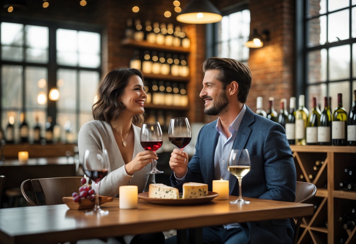 A couple enjoying wine tasting together at an indoor winery with warm lighting and wine bottles in the background.