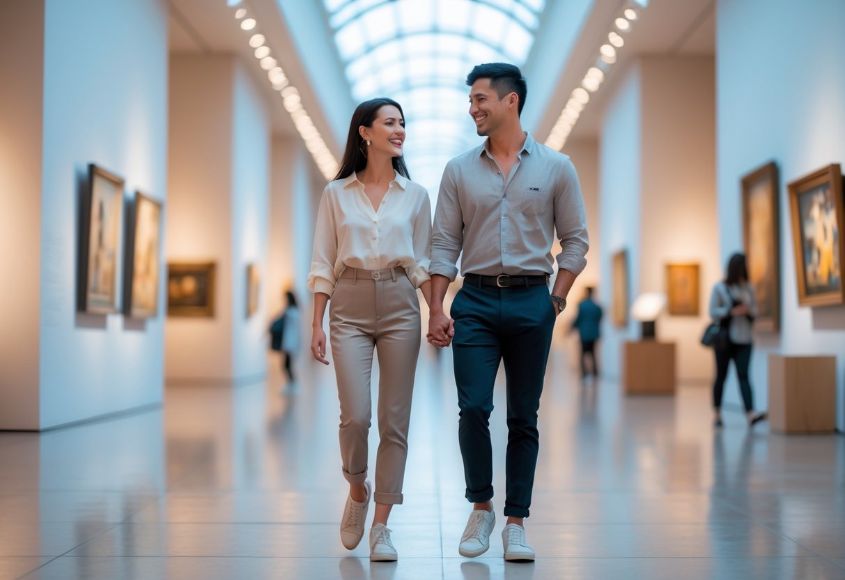 A young couple walking and talking inside a modern art museum with paintings on the walls.