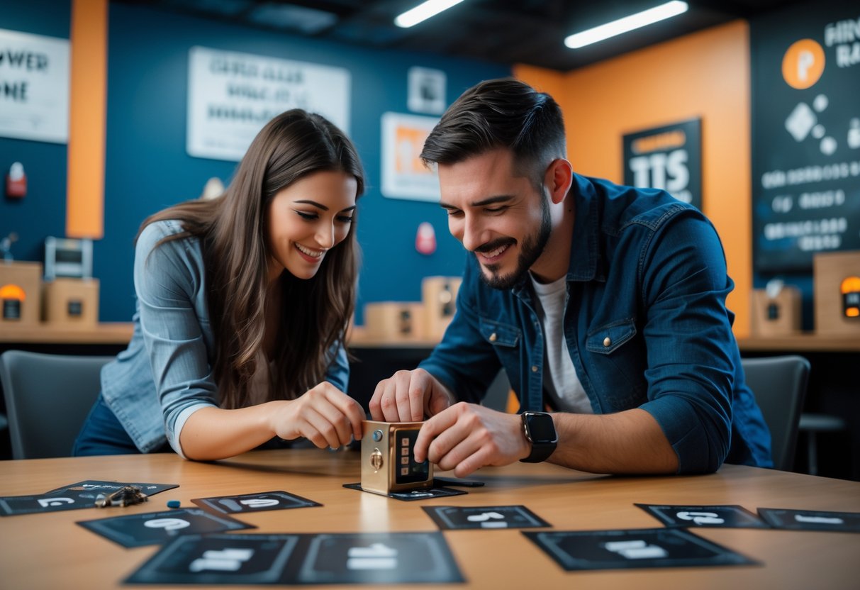 A couple working together to solve puzzles in an indoor escape room challenge.