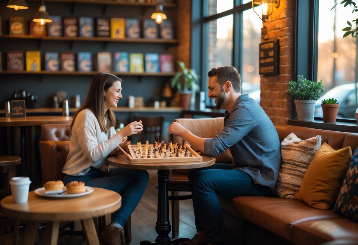 A couple playing a board game together at a small table inside a cozy café.
