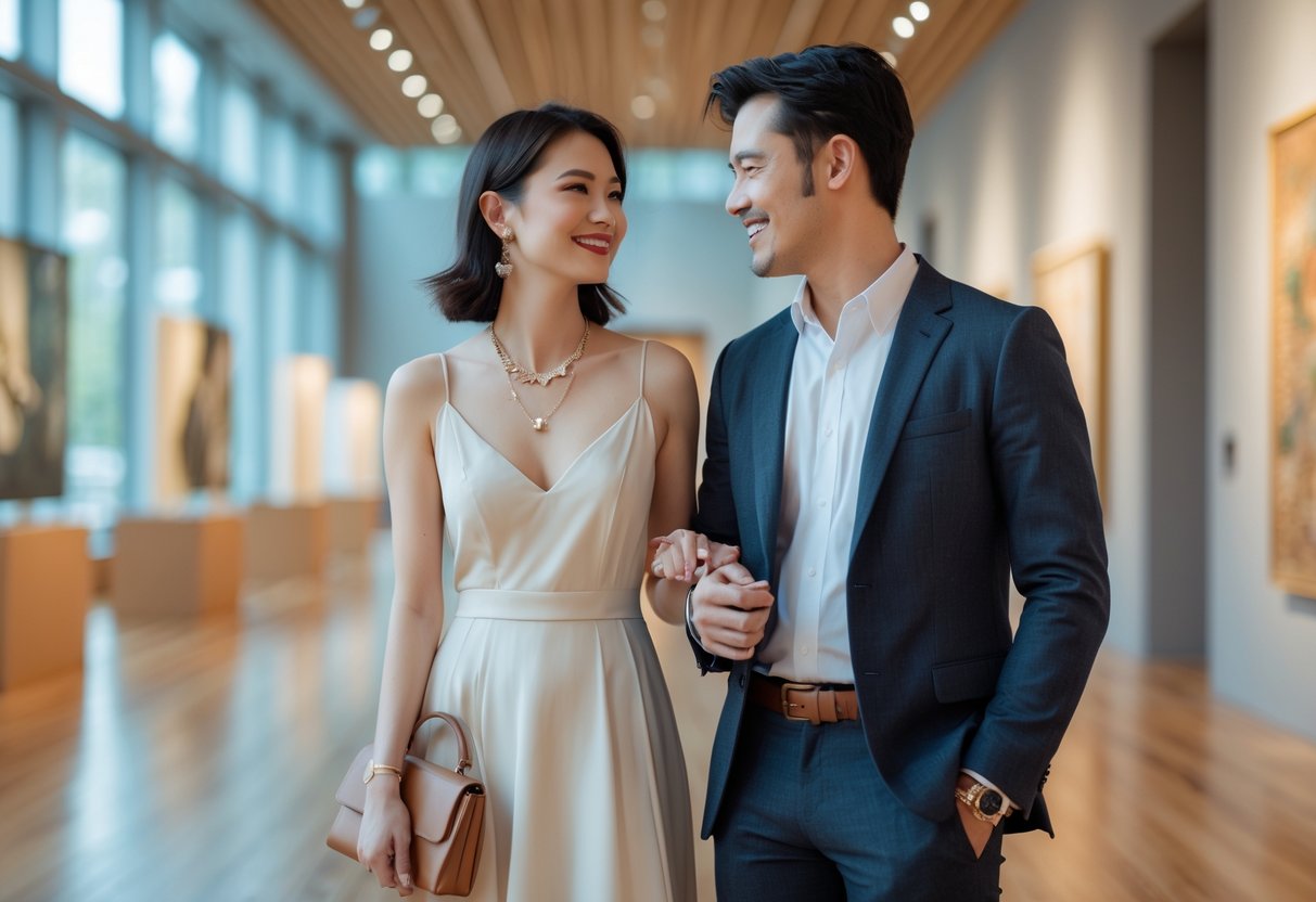 A young couple dressed stylishly standing inside a museum gallery with artwork on the walls, engaged in conversation.