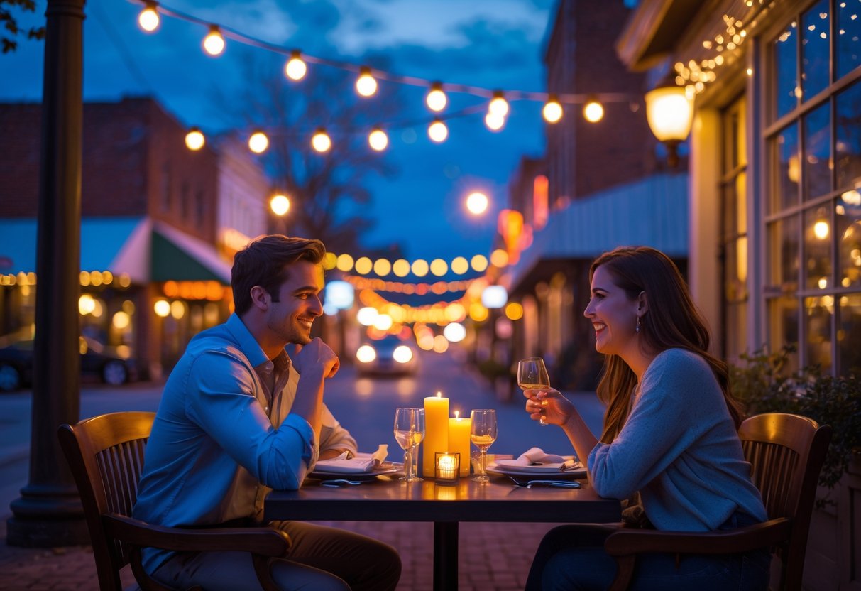 A young couple enjoying a romantic dinner outdoors at a cozy restaurant in a small town during twilight.