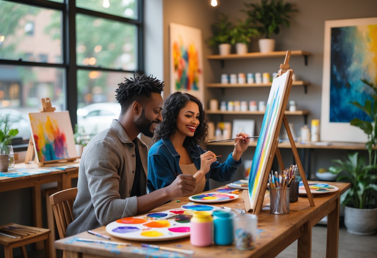 A couple painting together at a wooden table inside a bright art workshop filled with art supplies and paintings.