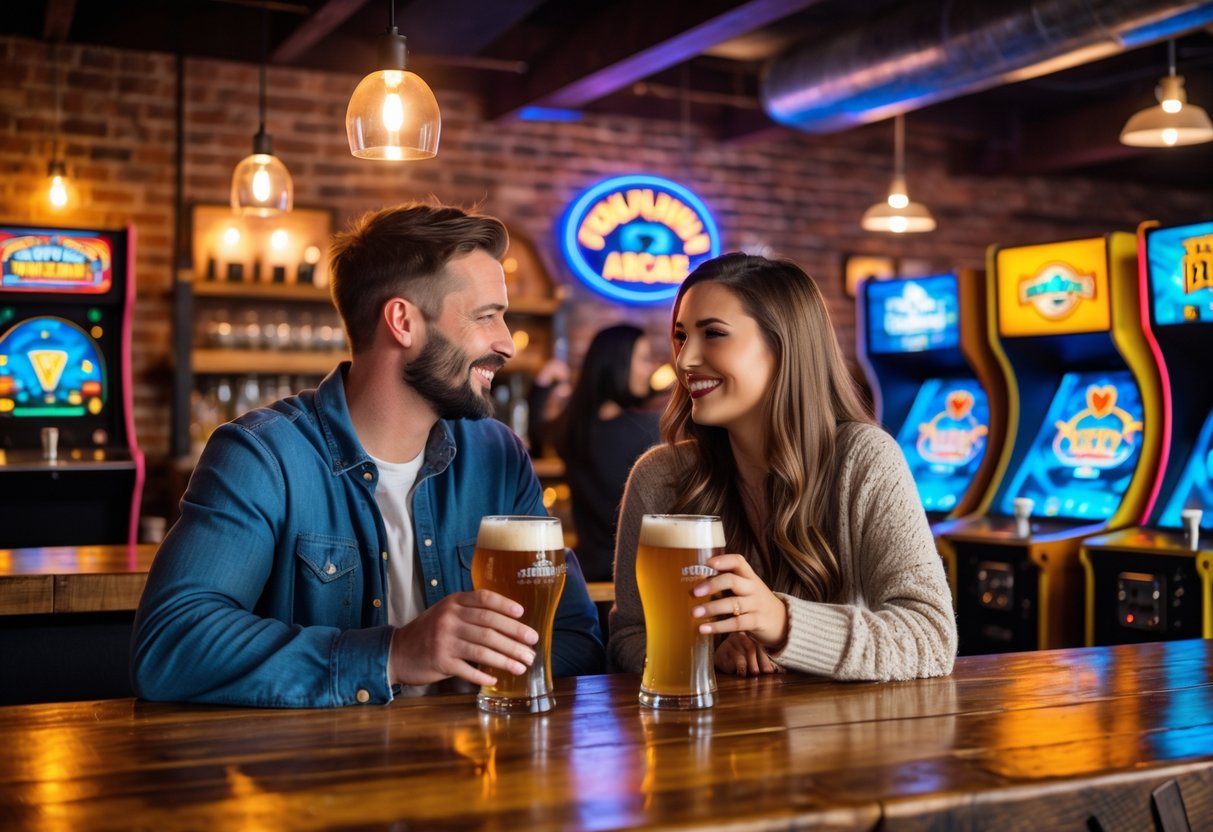 A young couple enjoying craft beers at a brewery bar with arcade machines in the background.