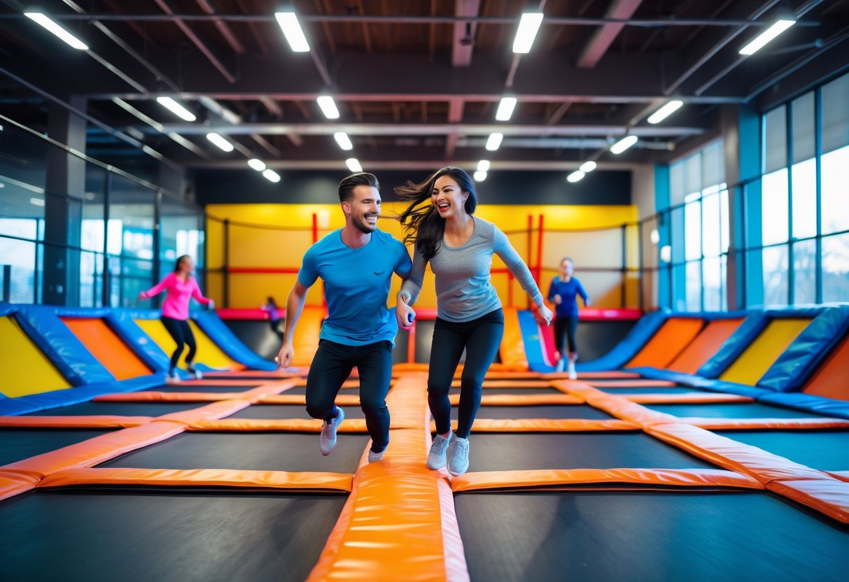 A young couple bouncing and laughing together at an indoor trampoline park with other people in the background.