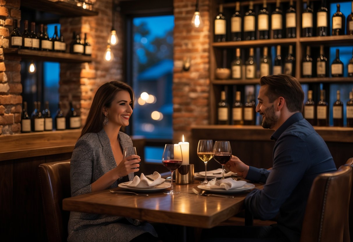 A couple enjoying a cozy dinner at a warmly lit restaurant with wine racks and rustic decor.
