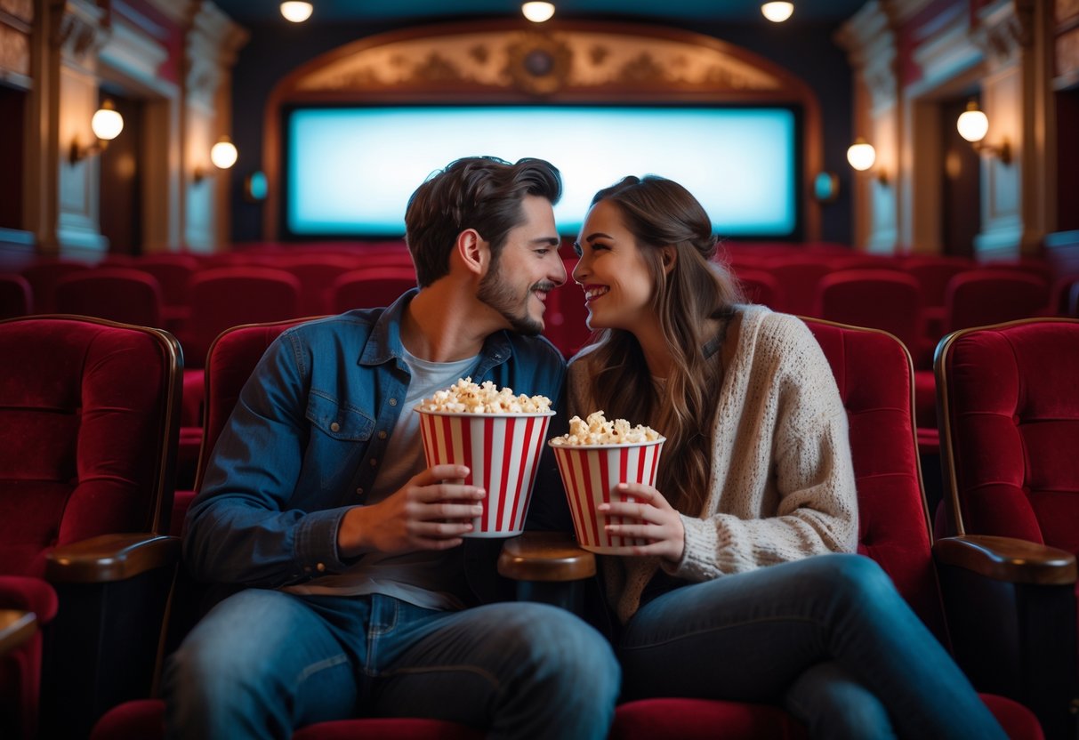 A young couple sitting together in a movie theater, sharing popcorn and watching a film.