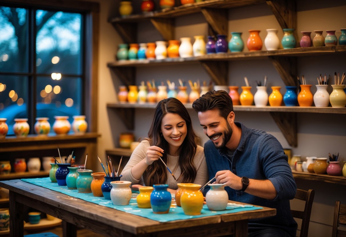 A couple painting pottery together at a wooden table inside an art studio filled with colorful ceramics and paint supplies.