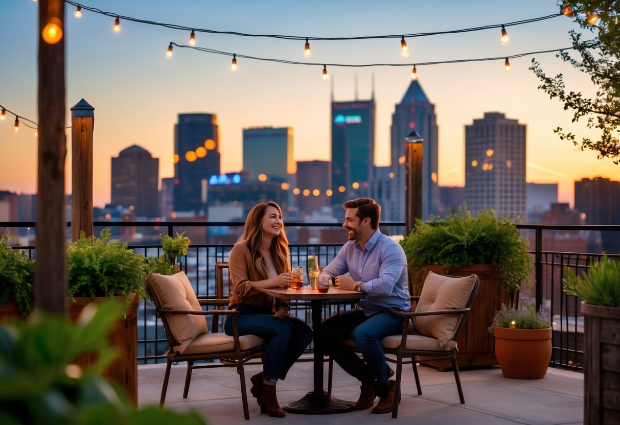 A young couple enjoying a romantic date on a rooftop patio with the Nashville city skyline in the background during sunset.
