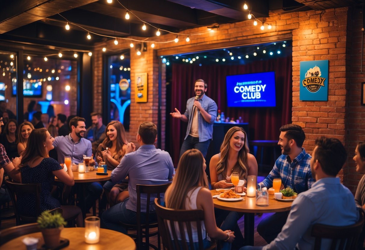 Couples and friends enjoying a stand-up comedy show in a warmly lit comedy club with a performer on stage.