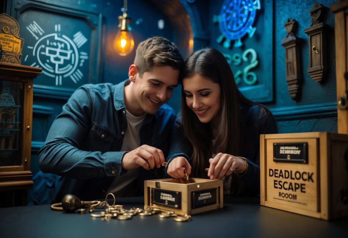 A young couple working together to solve puzzles in an escape room during a date night.