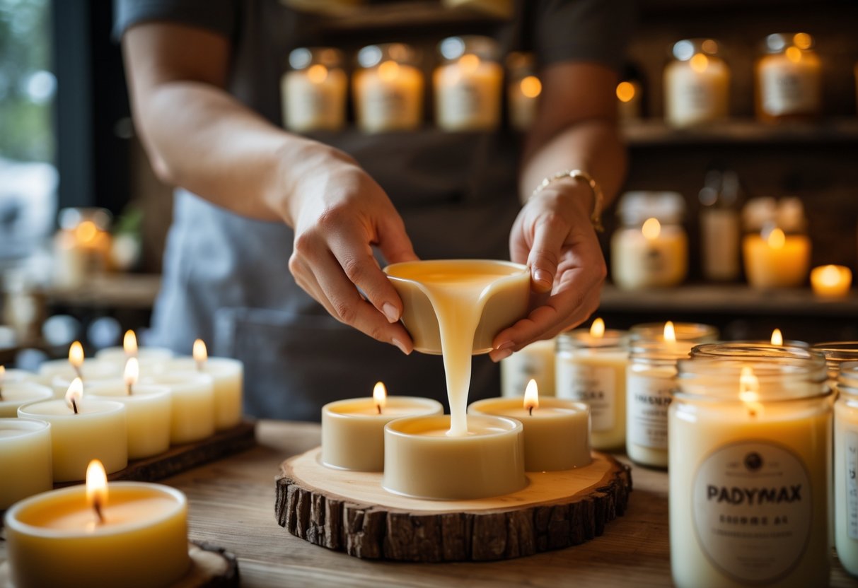 Close-up of hands pouring melted wax into candle molds at a candle bar.