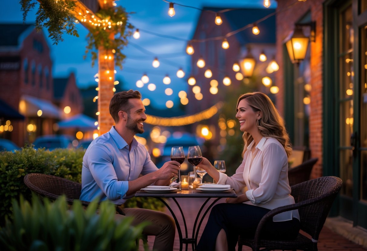 A couple enjoying a romantic dinner outdoors at a small restaurant patio in the evening.