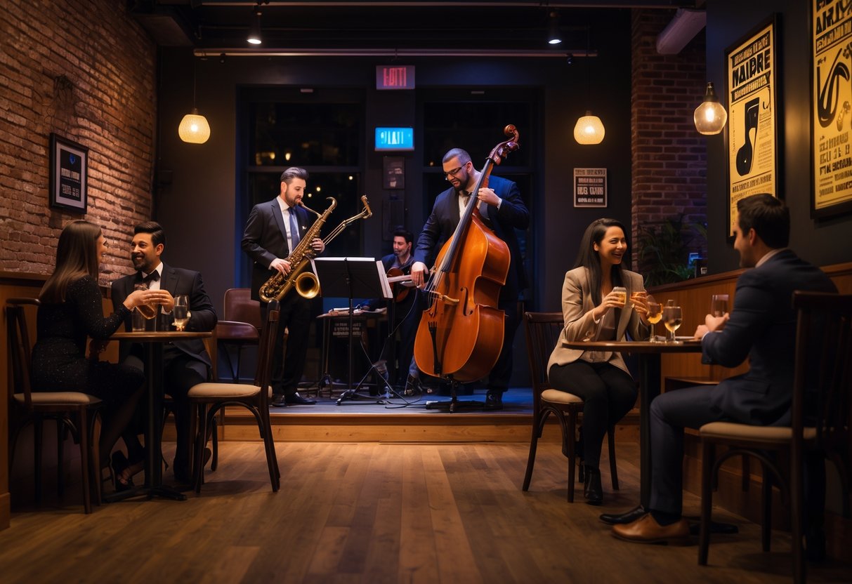 Couples enjoying live jazz music at an intimate indoor jazz club with musicians playing on stage.