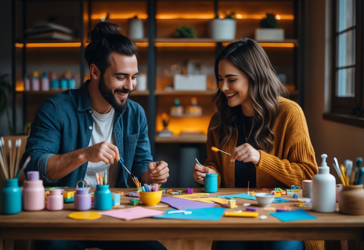 A couple enjoying a cozy indoor craft night, working together at a table filled with colorful craft supplies in a warmly lit room.