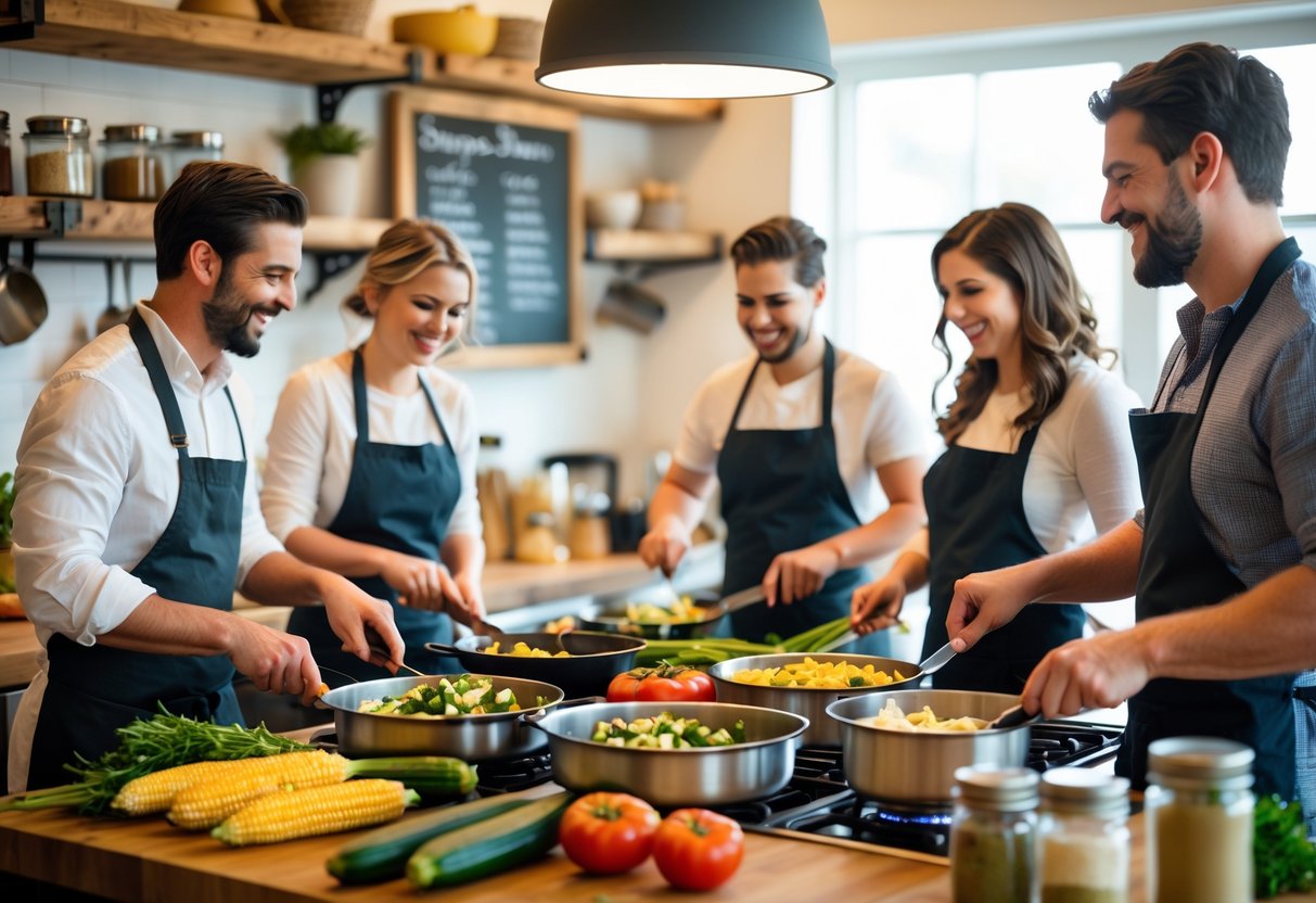 Couples cooking together in a bright kitchen, preparing Southern dishes with fresh ingredients.