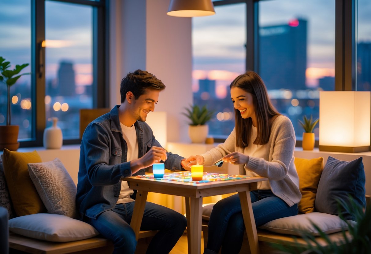 A young couple enjoying a cozy indoor date together at a table with warm lighting and a view of a city skyline.