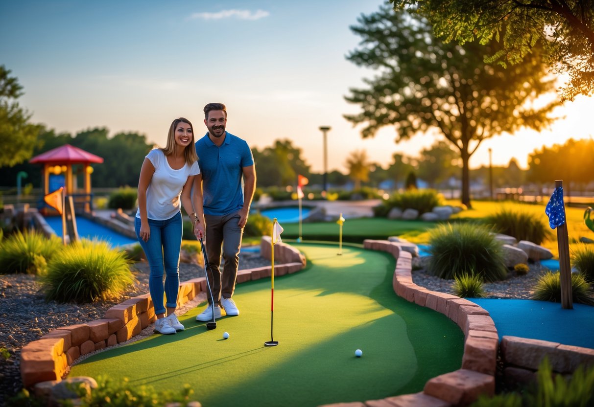 A couple playing mini golf together outdoors on a colorful course during the evening.