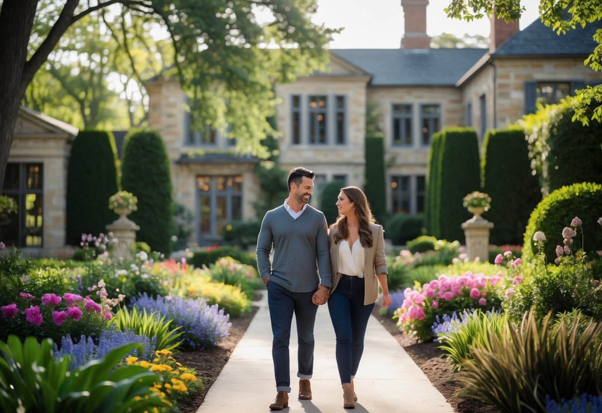 A couple walking along a garden path surrounded by flowers and trees near a historic estate building.