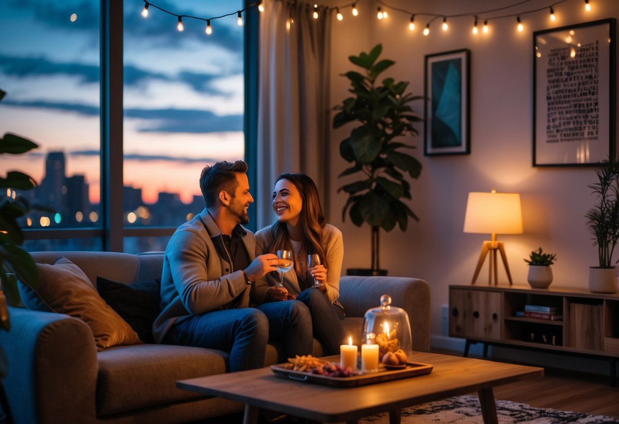 A couple sitting on a sofa in a warmly lit living room, sharing a meal and enjoying a cozy indoor date with city buildings visible through the window.