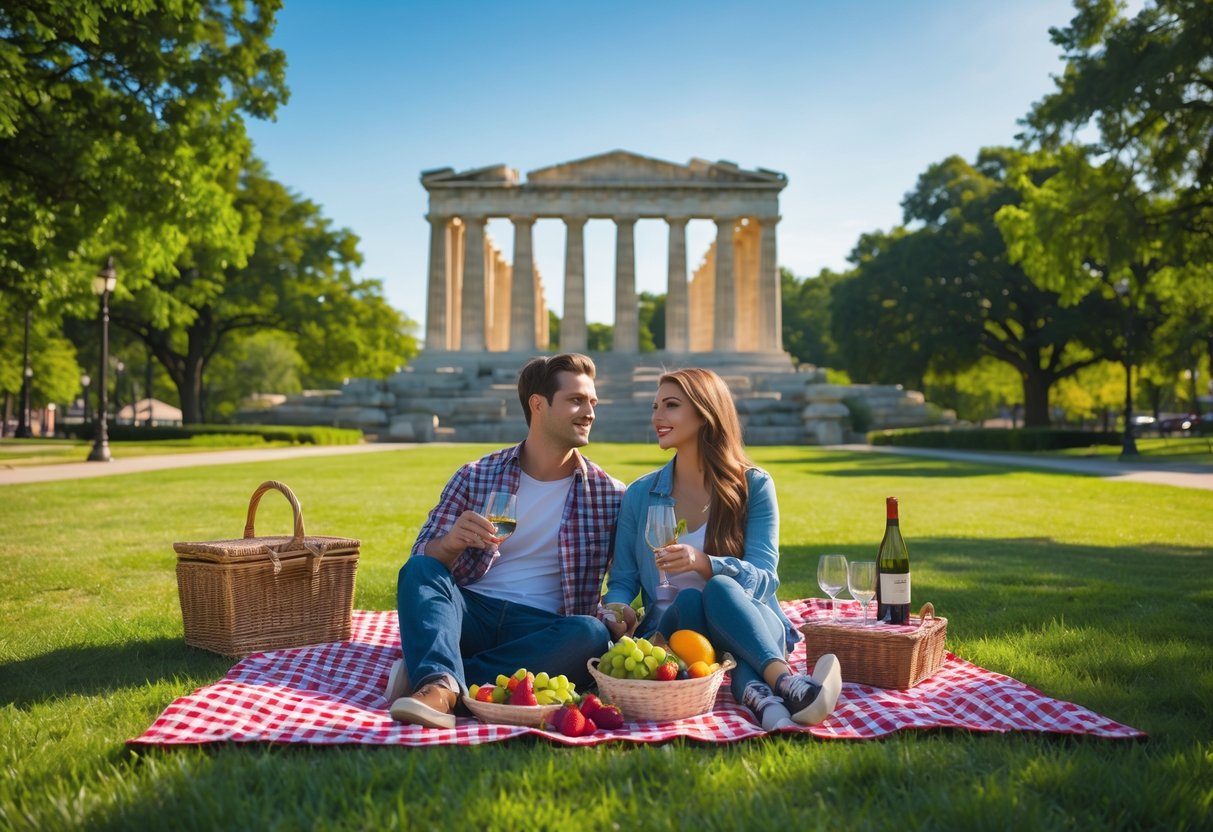 A young couple having a picnic on a blanket in a green park with the Parthenon temple in the background.