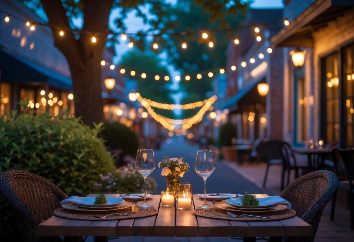 A romantic outdoor dining table set for two at dusk with candles and greenery, near a small-town street with shops and street lamps.