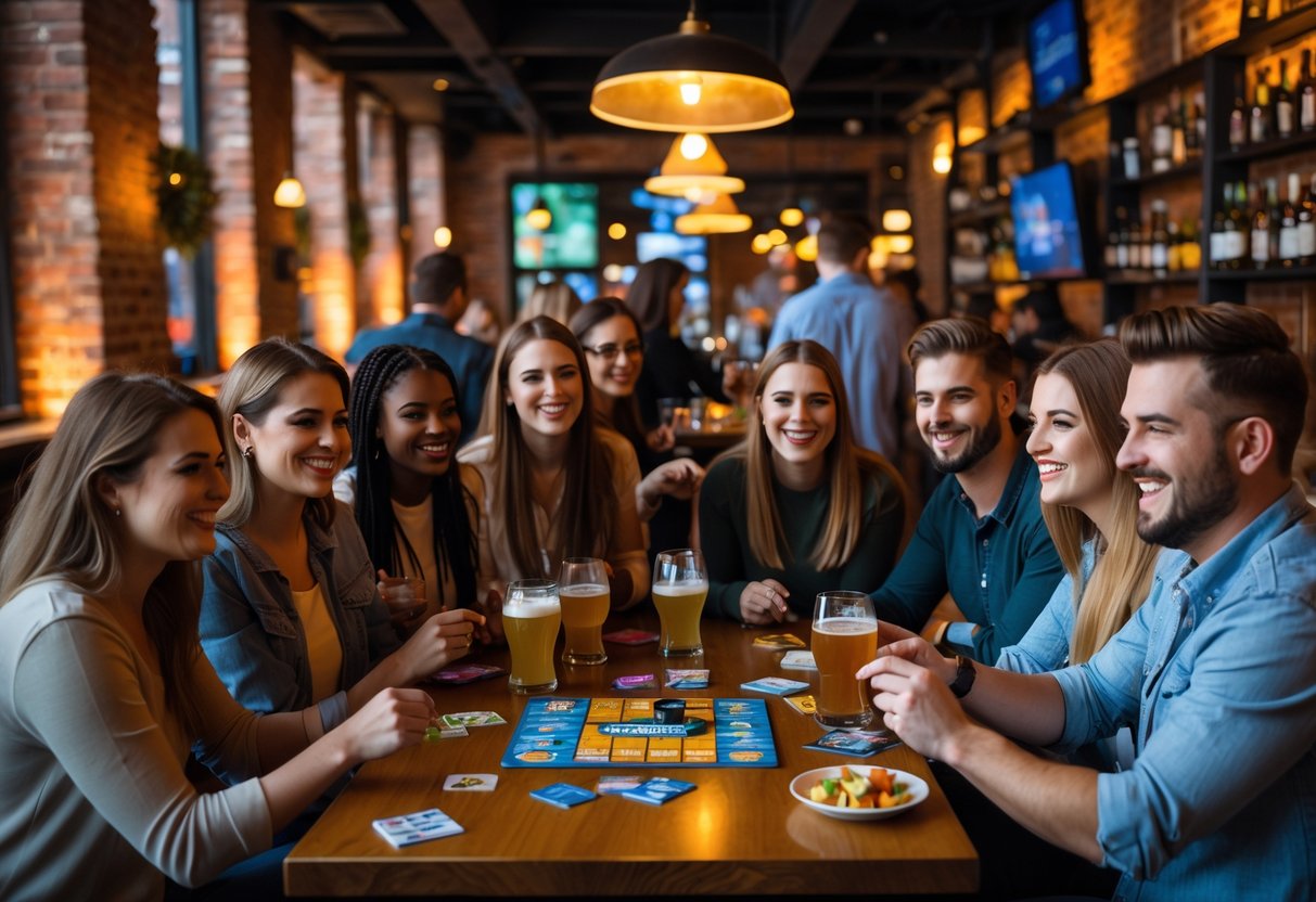 A group of young adults playing board games and enjoying drinks together at a cozy bar.