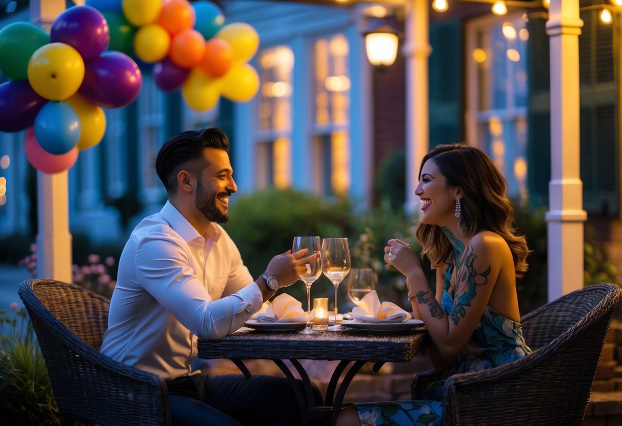 A couple enjoying a romantic outdoor dinner with colorful balloons and body art visible, surrounded by warm lighting and a charming local setting.