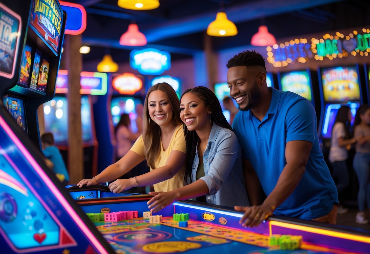 A couple enjoying arcade games together at a lively family fun center with colorful lights and other people having fun in the background.