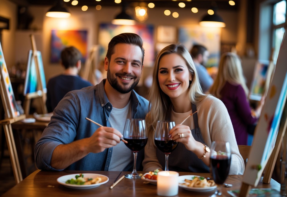 A couple painting together at an art studio table with wine glasses, enjoying a date night.