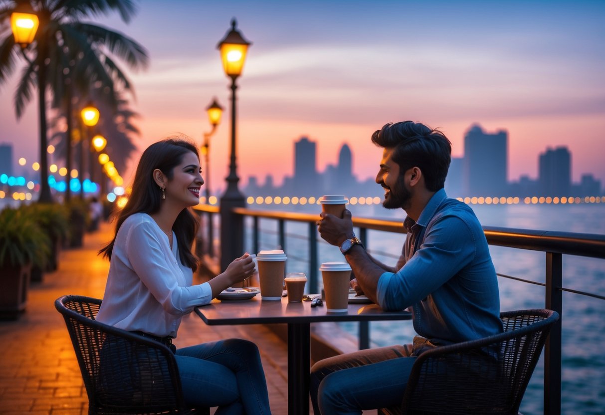 A young couple enjoying coffee together at an outdoor cafe by the Marine Drive promenade in Mumbai during sunset.