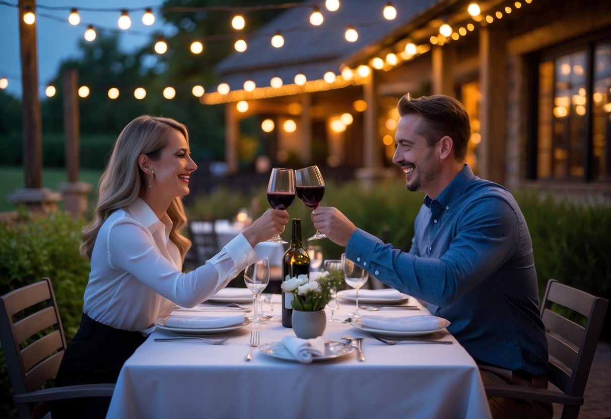 A couple enjoying a romantic dinner at an outdoor table with wine and soft lighting at a restaurant and winery.