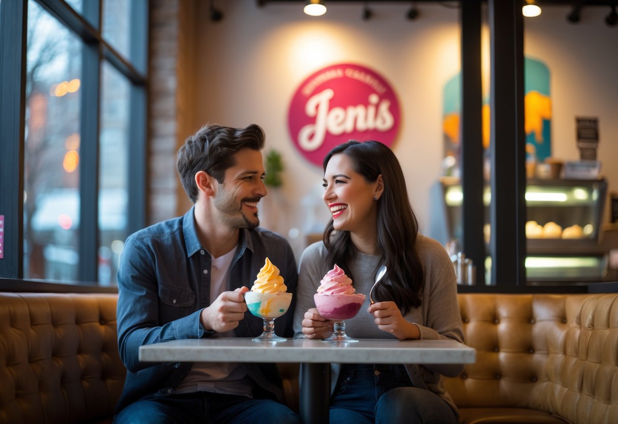 A young couple enjoying ice cream together at a small table inside an ice cream parlor.