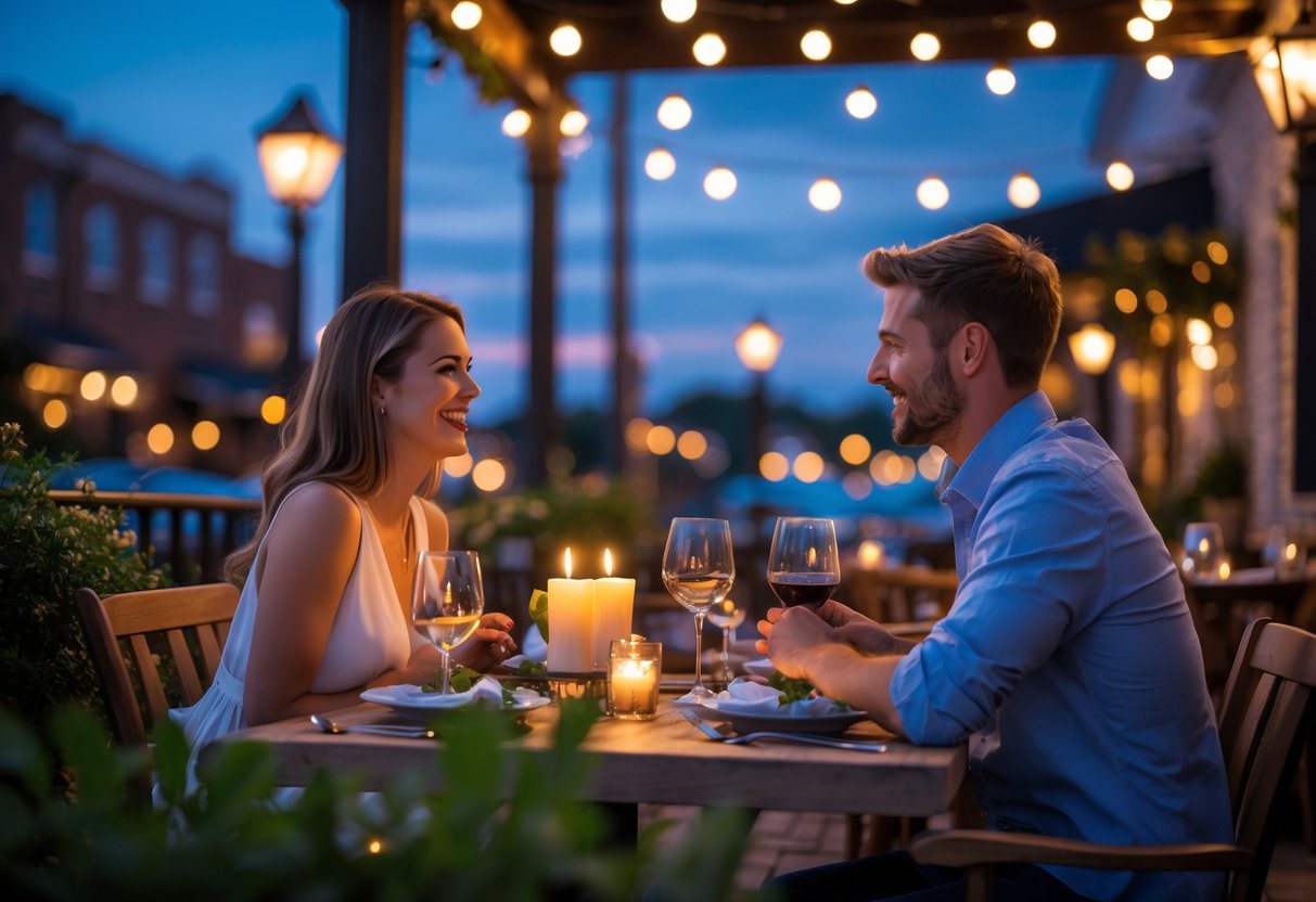 A young couple enjoying a romantic dinner outdoors at a warmly lit restaurant patio in the evening.