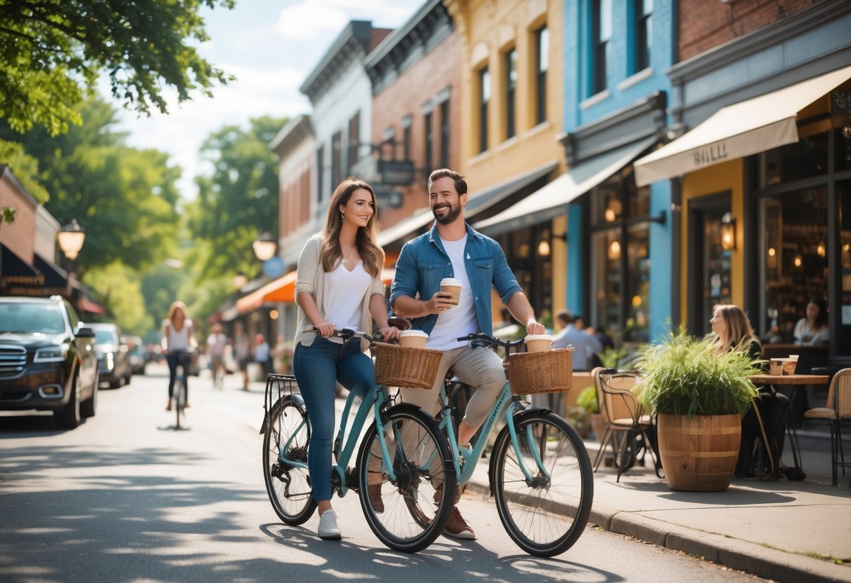 A couple with bicycles holding coffee cups on a sunny street in a lively neighborhood with colorful murals and shops.