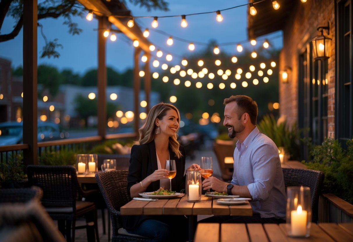 A couple enjoying a romantic dinner outdoors at a softly lit restaurant patio in the evening.