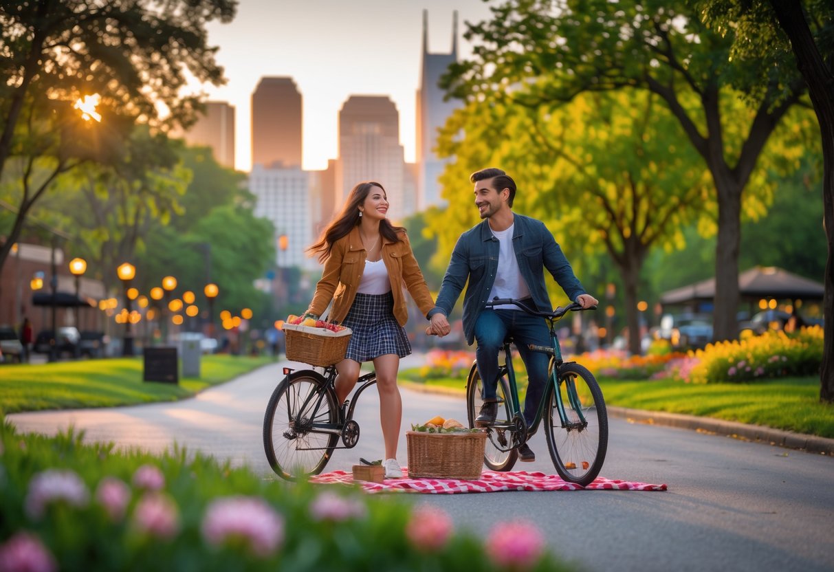 A young couple enjoying a romantic date outdoors in a park with the Nashville skyline in the background during sunset.