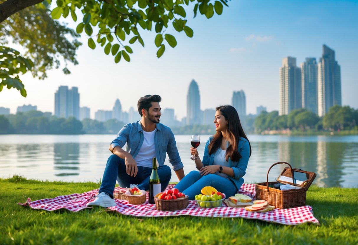 A young couple enjoying a picnic on a blanket by Powai Lake with greenery and city buildings in the background.