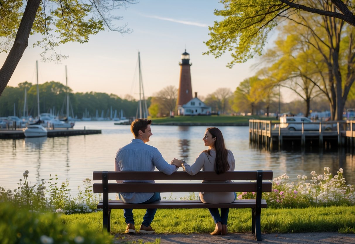 A couple sitting on a bench by a river holding hands with sailboats and a lighthouse in the background.