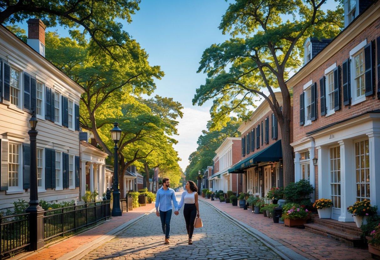 A couple walking hand-in-hand along a cobblestone street lined with historic colonial buildings and trees in Annapolis.